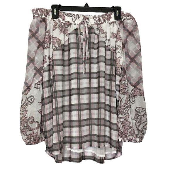 ANN TAYLOR LOFT BOHO MULTI MEDIA PAISLEY PLAID OFF SHOULDER CHIFFON BLOUSE TOP S - Picture 2 of 14